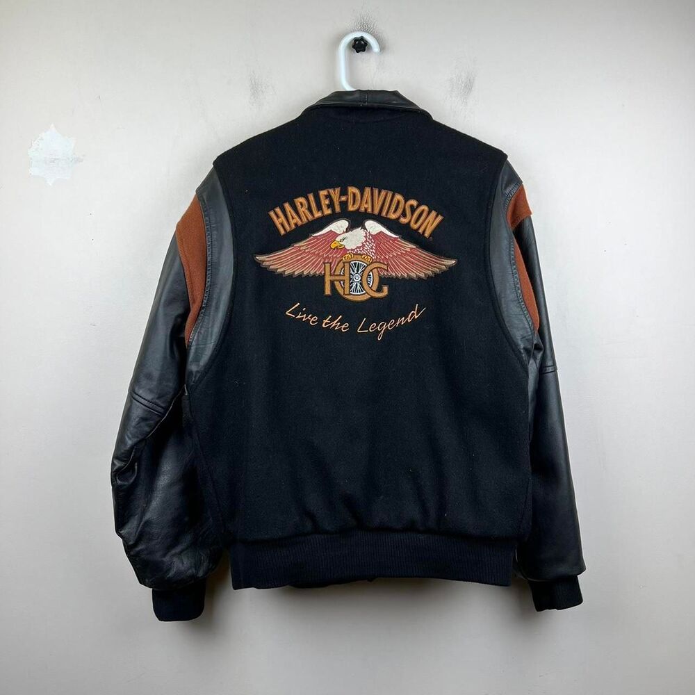 Vintage Harley Davidson Black Hog 1983 Wool Jacket Leather Sleeves Size  S